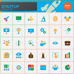 Startup solid icons set, modern vector symbol collection, color pictogram pack isolated on white, pixel perfect illustration