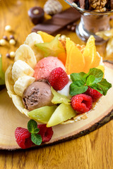 Ice cream with fruit and chocolate