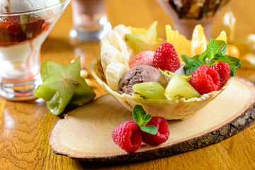 Ice cream with fruit and chocolate