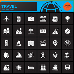 Travel and tourism vector icons set, modern solid symbol collection, pictogram pack isolated on black, logo illustration