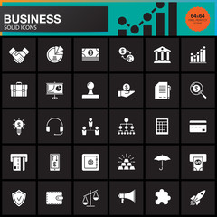 Business vector icons set, modern solid symbol collection, pictogram pack isolated on black, pixel perfect logo illustration