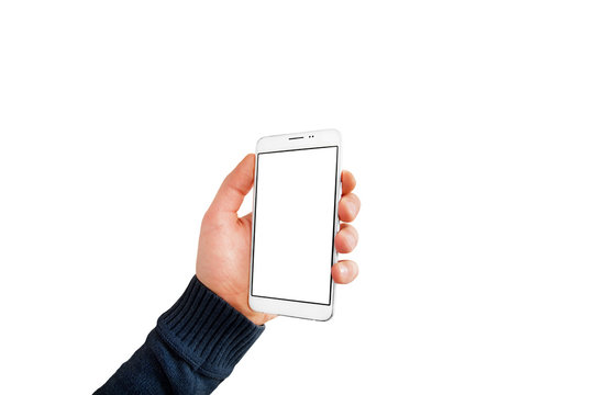 Isolated white smartphone with blank sreen in man hand, curved angle  on white background