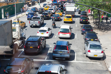 Traffic jam on city street in USA.