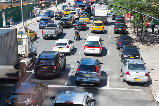 Traffic Jam On City Street In USA.