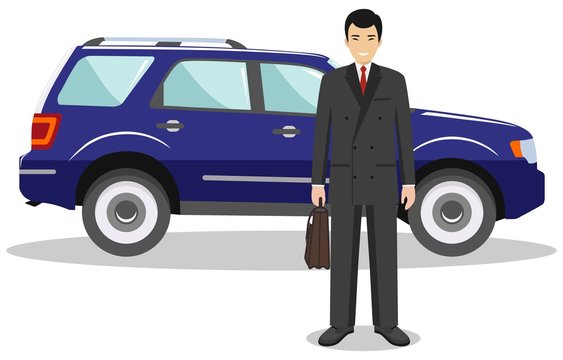 Asian businessman standing near the blue car on white background in flat style. Business concept. Flat design people character. Vector illustration.