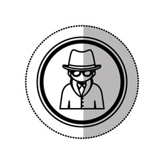 monochrome middle shadow sticker of hacker in circle vector illustration