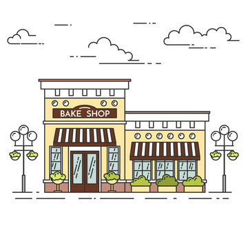 Street cafe, bakery with lamps on white background Line art