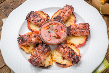 Beef Meat roll stuffed with chicken and pork meat with thyme and rosemary