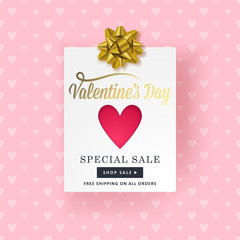 Valentines day banner design with paper card, heart shape and go