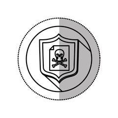 monochrome middle shadow sticker with circle with shield and file skull and bones vector illustration