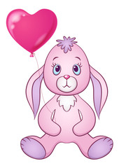 Cartoon Funny Rabbit, Cute Little Bunny, Siting with Valentine Heart Balloon in Paws, Holiday Symbol of Love, Isolated on White Background. Eps10, Contains Transparencies. Vector