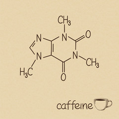 Hand drawn chemical model of caffeine molecule and cup of coffee