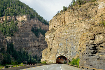 US Interstate 70 (I-70) westbound entering tunnel in Glenwood Canyon 
Garfield county, Glenwood...