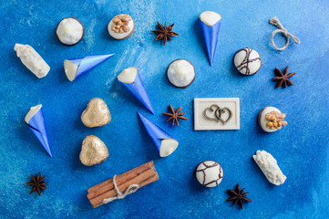 Assortment of fine chocolate candies with ribbon for valentines day