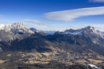Fototapeta na wymiar Panoramic view of Dolomites mountains around famous ski resort Cortina d Ampezzo Italy