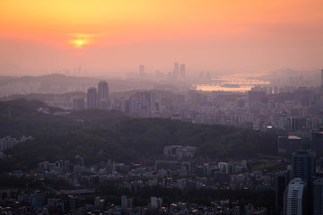 Seoul City and Hanriver in sunset in Misty day, South Korea