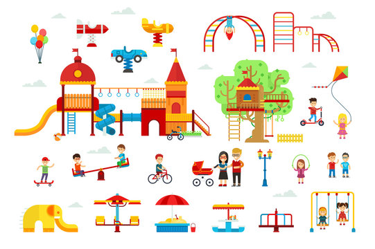 Set of children playground elements and attractions for kids vector flat illustration for infographic design. Swings, sandbox, treehouse, slide isolated on white background. Family walking in the park