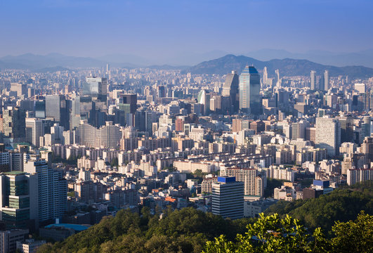 Seoul city and Downtown skyline in Sunset, South Korea