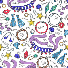 Vector seamless pattern with hand drawn colored jewelry. Background for use in design