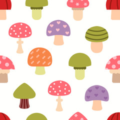 Bright different types of mushrooms set. Card in cartoon style on white background.