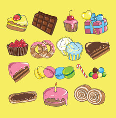 Set with bake and sweets. Background  colorful various candy,   cakes