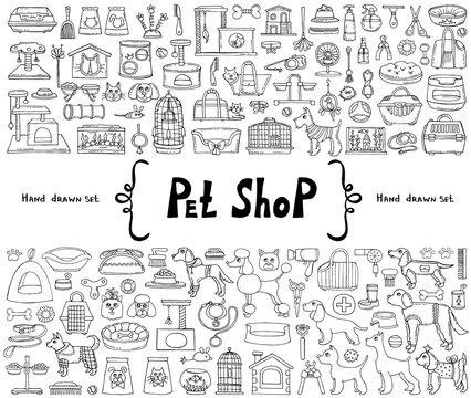 Vector set with hand drawn isolated isolated doodles on the  theme of pet shop. Sketches for use in design