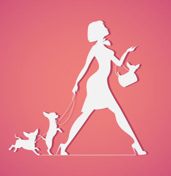 Vector silhouette of woman with dog. Young  walking dogs. Fashionista  