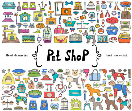 Vector set with hand drawn isolated colored doodles on the  theme of pet shop. Sketches for use in design