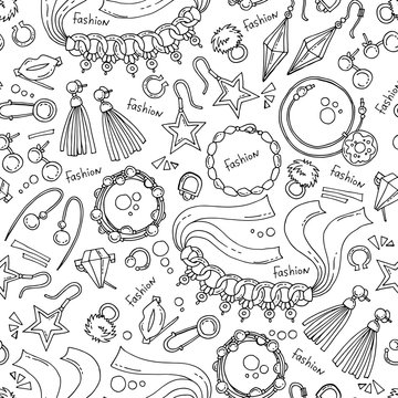 Vector seamless pattern with hand drawn isolated jewelry on white color. Background for use in design