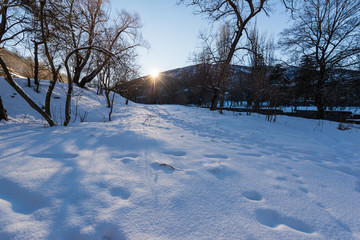 Amazing winter sunset scene, Armenia
