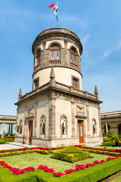 Beautiful gardens and tower on top of Chapultepec Castle in Mexico City