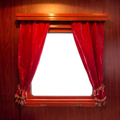 Red curtains on the window