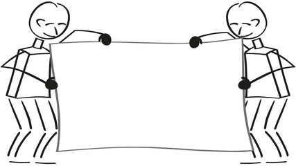 Zwei Strichmännchen halten ein weißes leeres Plakat.