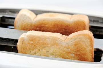 Crusty toast in the toaster close-up.