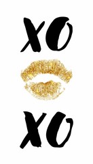 Golden glitter lipstick print with xo hand lettering, on white background. Vector illustration. Can be used for Valentine's Day design.