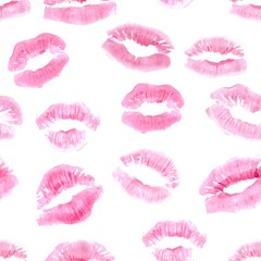 Pink lipstick print seamless background for Valentine's day, on white backdrop. Vector illustration. Can be used as repeating pattern.