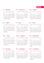 Calendar for 2019 year with week numbers on white background. Vector design print template. Week starts Monday. Stationery design
