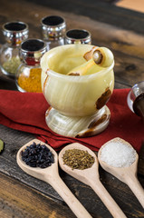 spices in spoons and Jar with mortar on wodeen background