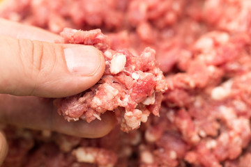 minced meat in his hand. macro