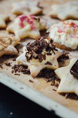 Colorful cookie with chocolate on the top. Vertical studio shot.