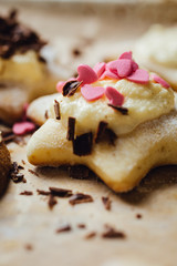Colorful cookie with chocolate on the top. Vertical studio shot.