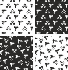 Obraz na płótnie Canvas Uzi Gun & Bullet Holes Aligned & Random Seamless Pattern Set