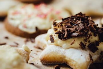 Colorful cookie with chocolate on the top. Vertical studio shot.