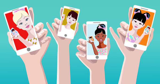 Vector draw Hands with smartphone, kids visit chat,  concept illustration of smartphone usability on blue background, funny cartoon with children