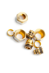 Set of metal-plastic plumbing couplings, adapters, plugs isolated on white background