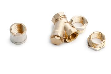 Set of metal-plastic plumbing couplings, adapters, plugs isolated on white background