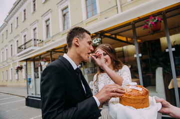 Russian wedding bread with salt. Russian wedding ceremony