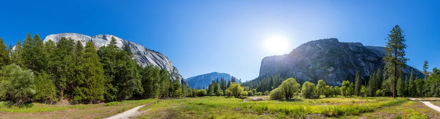 Fotobehang Meadow and trees surrounded by rocky mountains © Nomad_Soul