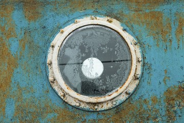 Porthole on the blue wall of the old ship. Stock image.