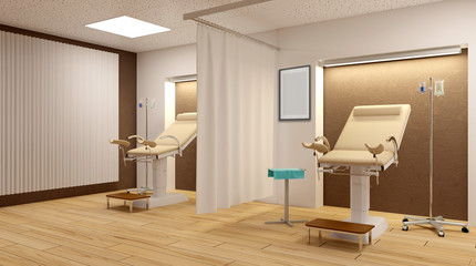 Planned examination in gynecology. Hospital. 3D rendering